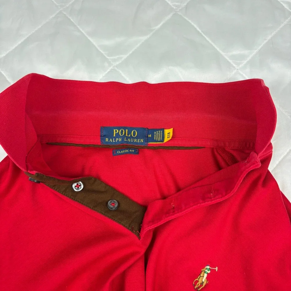 Polo Ralph Lauren Red‎ Long Sleeve Polo Shirt Mens M Classic Fit Multicolor Pony